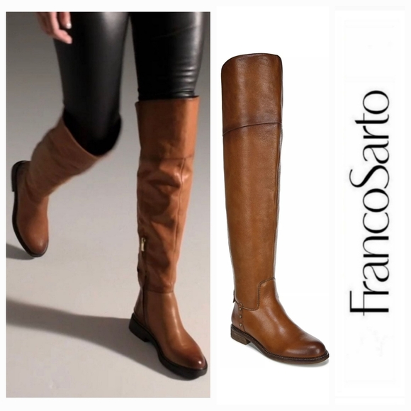 Stylish Franco Sarto x Anthro Cognac Leather OTK Boots - Picture 1 of 11